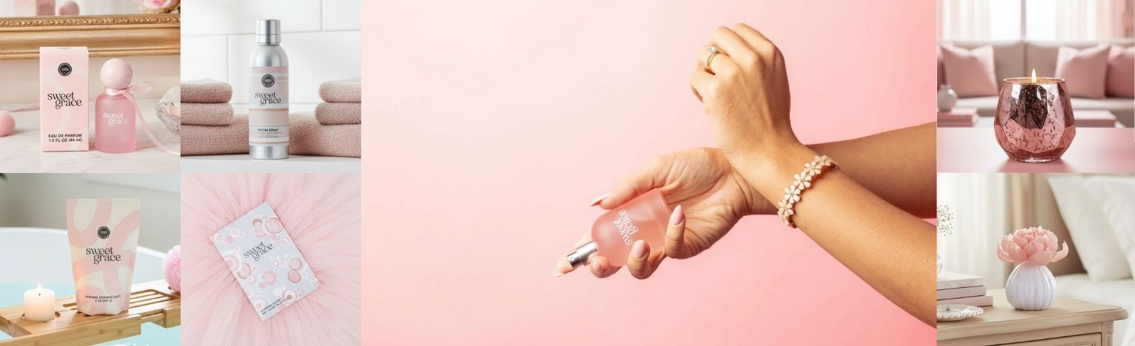 Collage of Sweet Grace fragrance products and a hand holding a bottle with a pink background