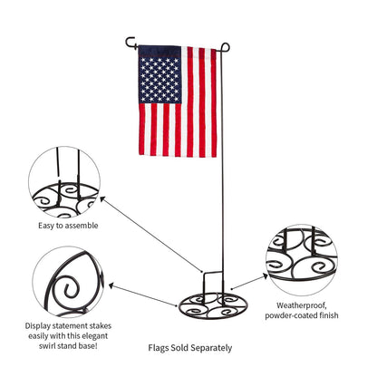 Flag stand with American flag and features highlighted on a white background