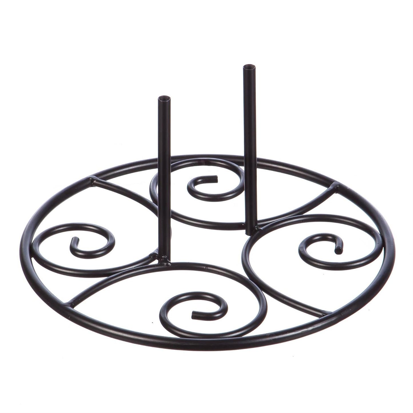 Elegant Swirl Flag Stand Base made of black metal on a white background.