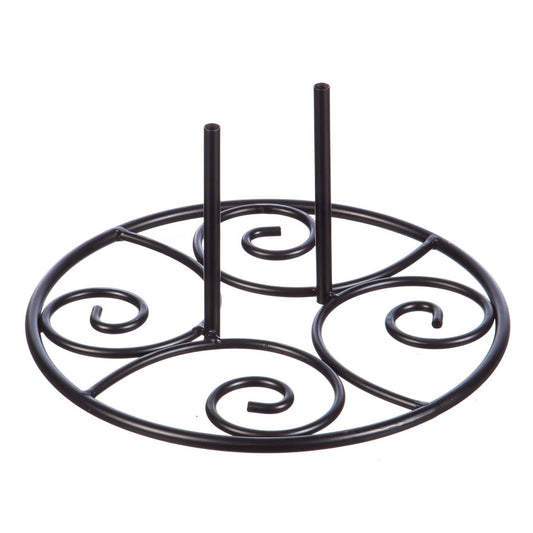 Elegant Swirl Flag Stand Base made of black metal on a white background.
