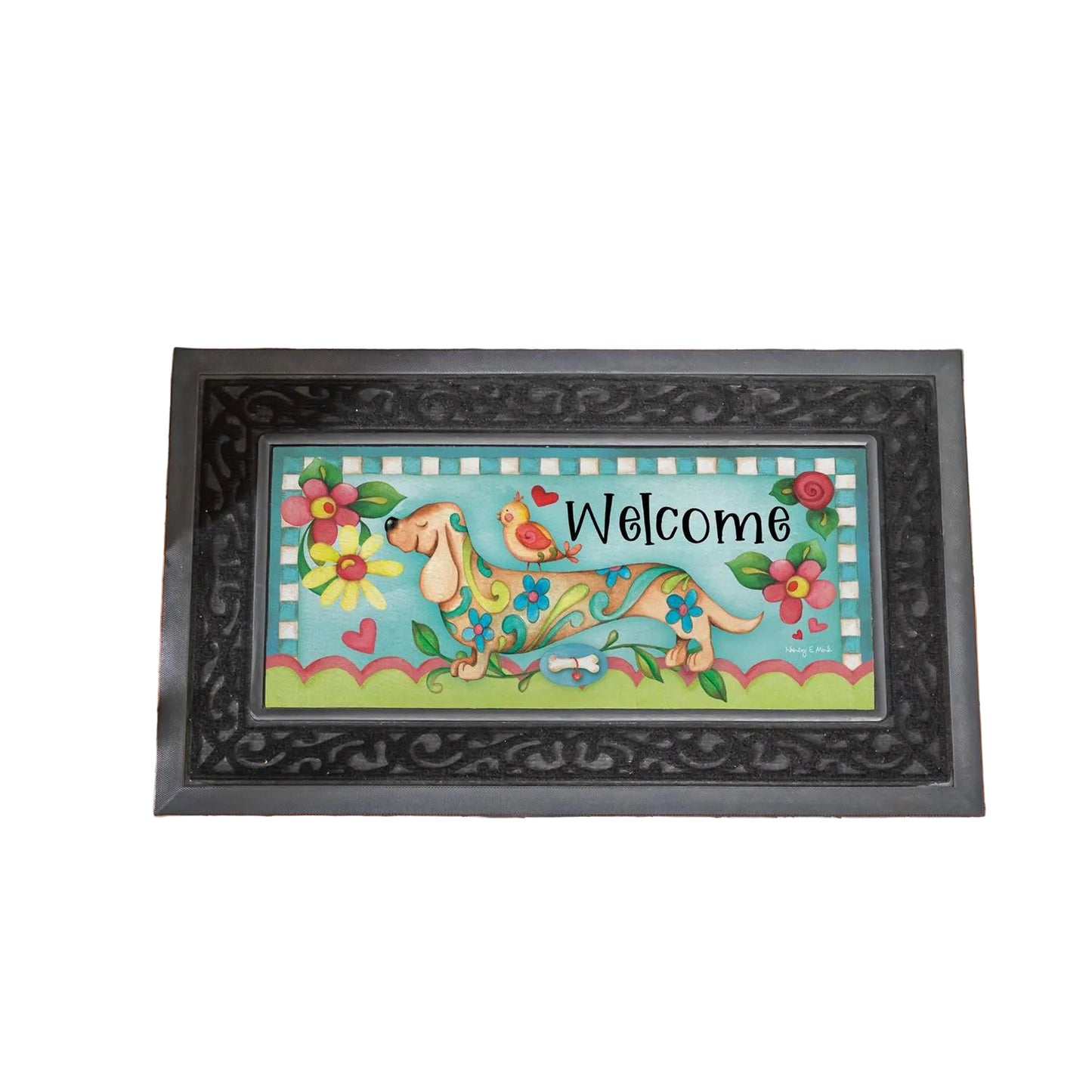Sassafras Dog Life switch mat with a dachshund design and 'Welcome' text on a white background.
