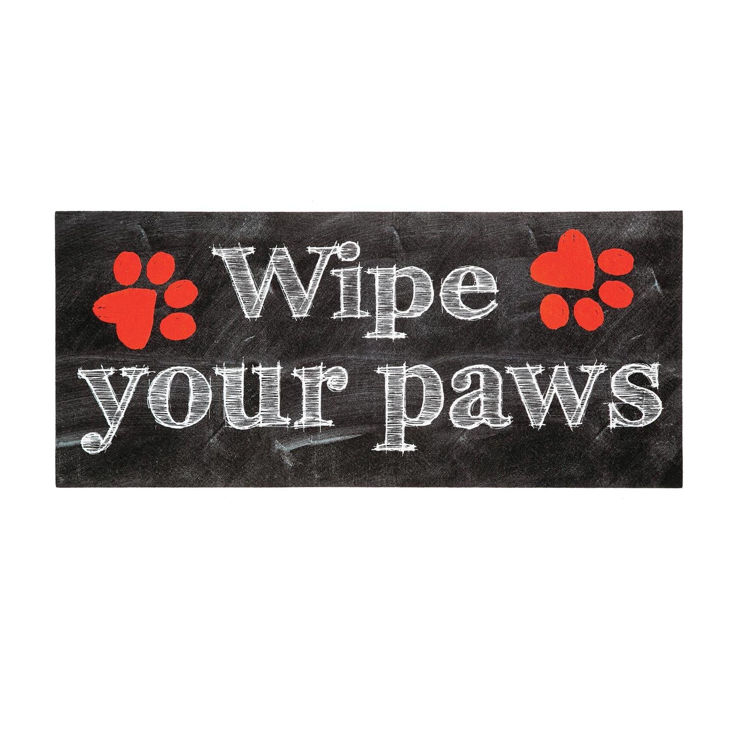 Sassafras Switch Mat with 'Wipe your paws' text on a black background with red paw prints.