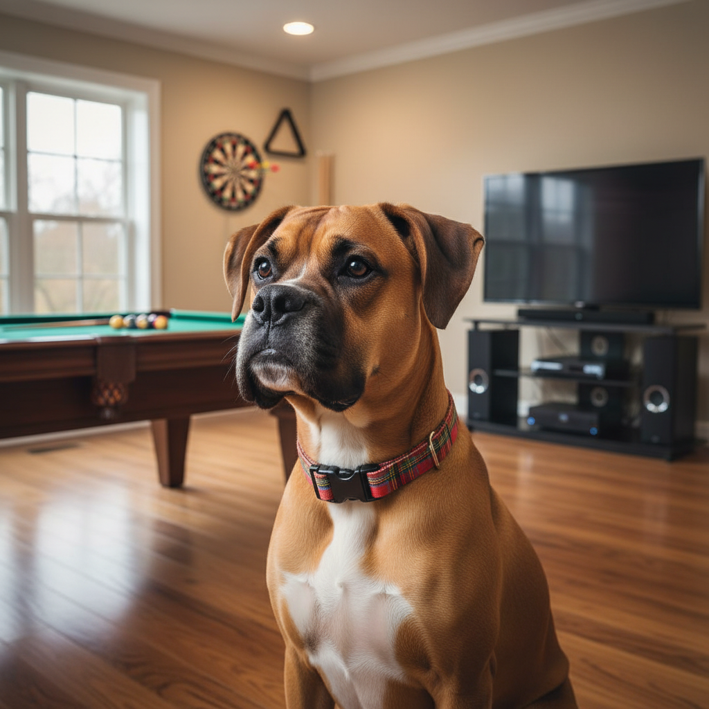 tartan plaid dog collar with a black buckle on a boxer