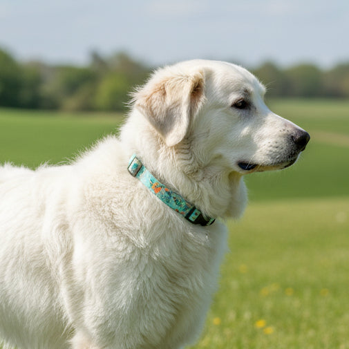 Floral patterned dog collar with a black buckle on a Great Pyrenes dog standing in a field