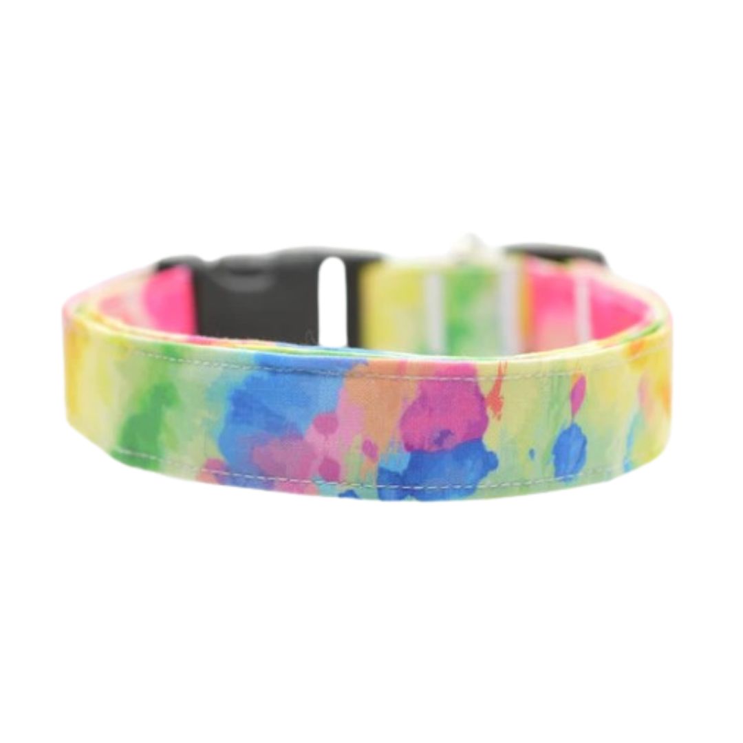 Colorful dog collar with a watercolor pattern on a white background - Tie Dye Watercolor Dog Collar