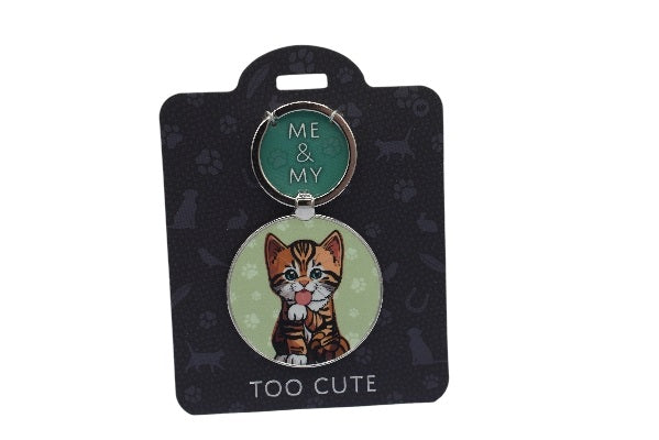 Keychain with a cat design on a black card with 'Me & My Too Cute' text