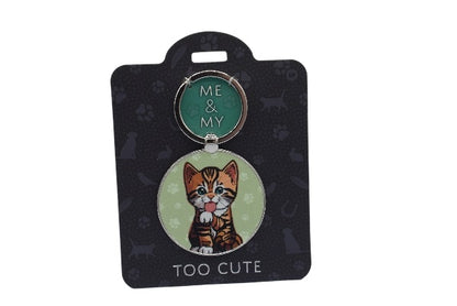 Keychain with a cat design on a black card with 'Me & My Too Cute' text
