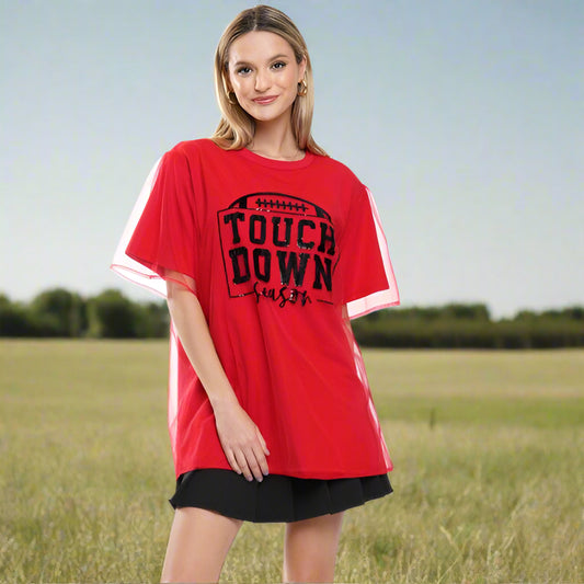 Red Touchdown Season Sequin Tee with Tulle Overlay