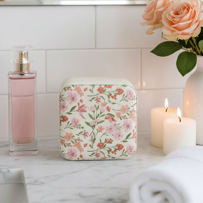 Floral-patterned jewelry box on bathroom counter