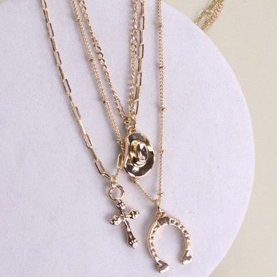 Trio Layer Necklace - Horseshoe, Hat, Cross Charms