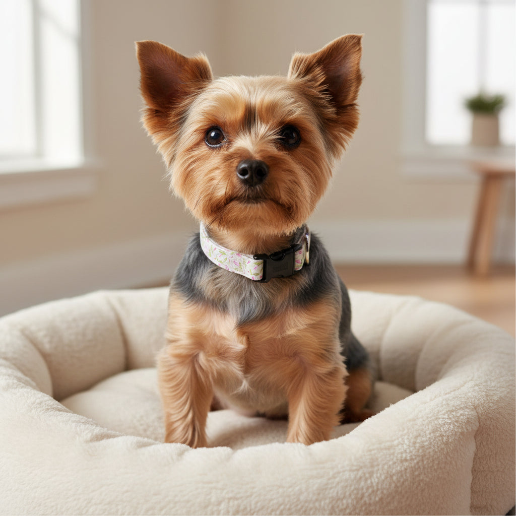 Tulip Dog Collar on a Yorkie dog sitting in a dog bed
