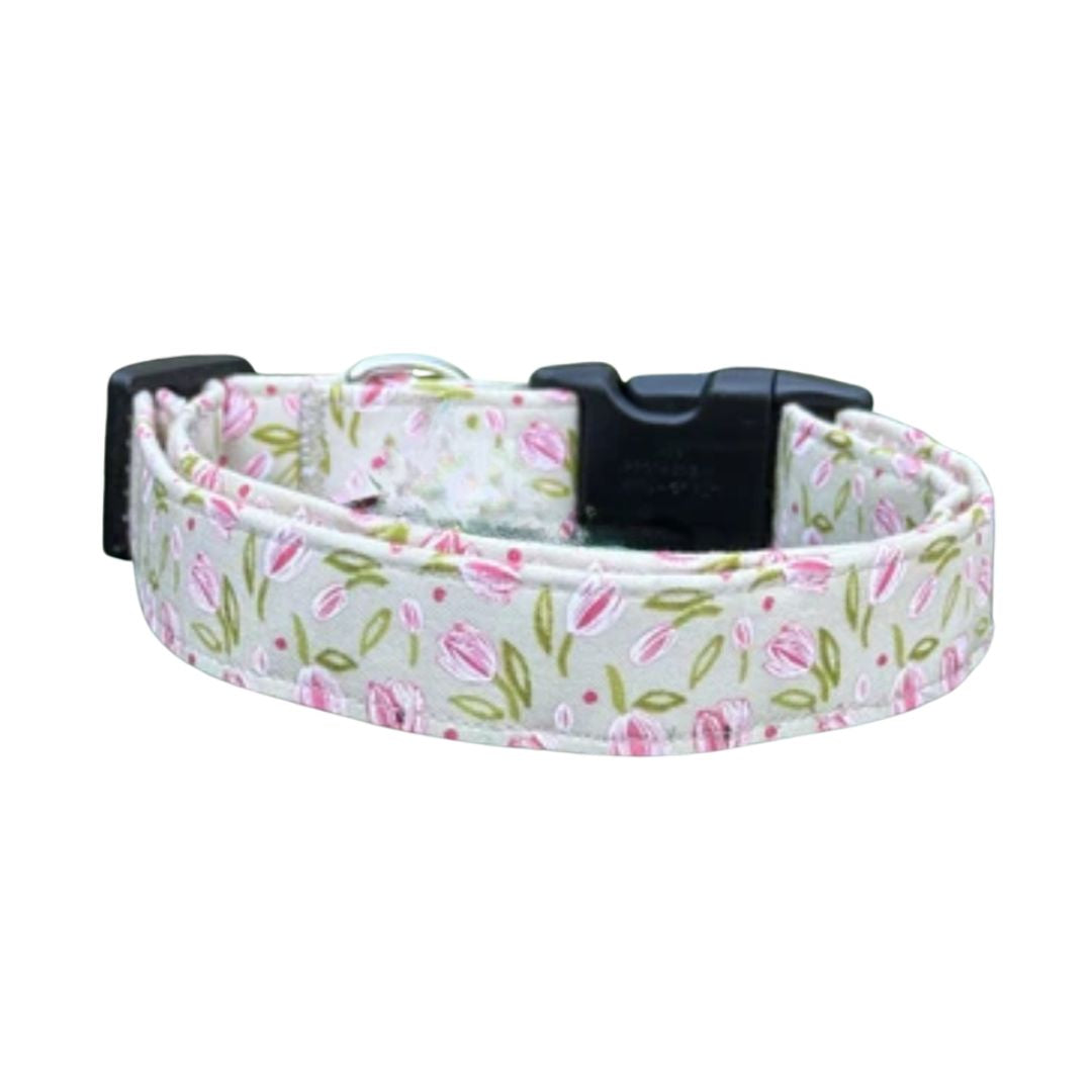 Dog collar with gray background featuring pink tulips and green leaves - displayed on white background