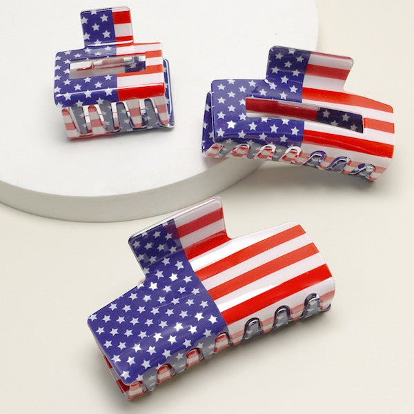 Usa Flag Print July 4th Hair Claw  Clips Set of 3 different sizes - on a white table