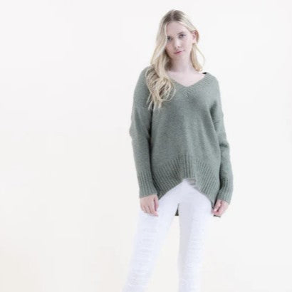 V-Neck Sweater with Ribbed Hem in Olive