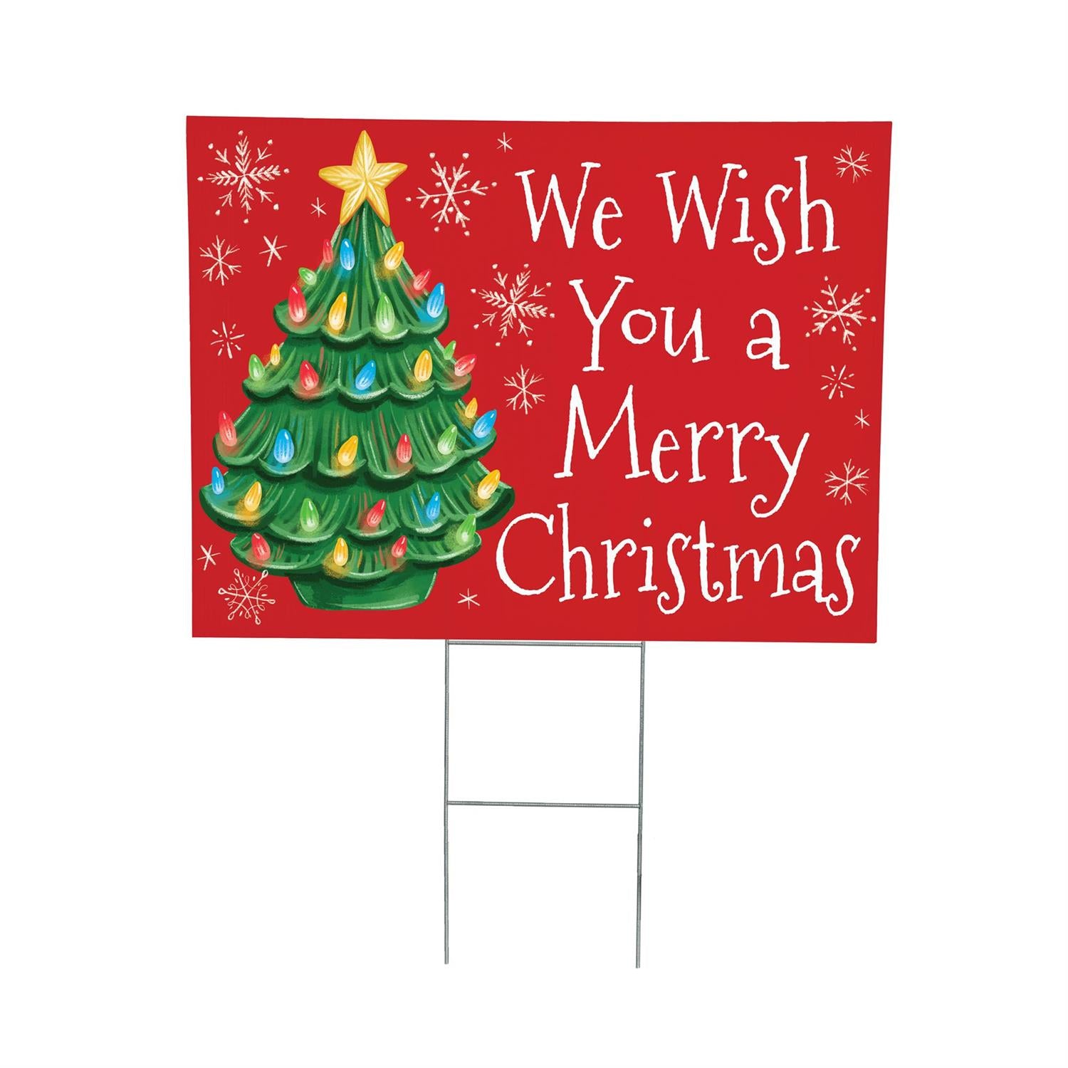Christmas-themed yard sign with a decorated tree and 'We Wish You a Merry Christmas' text on a red background.
