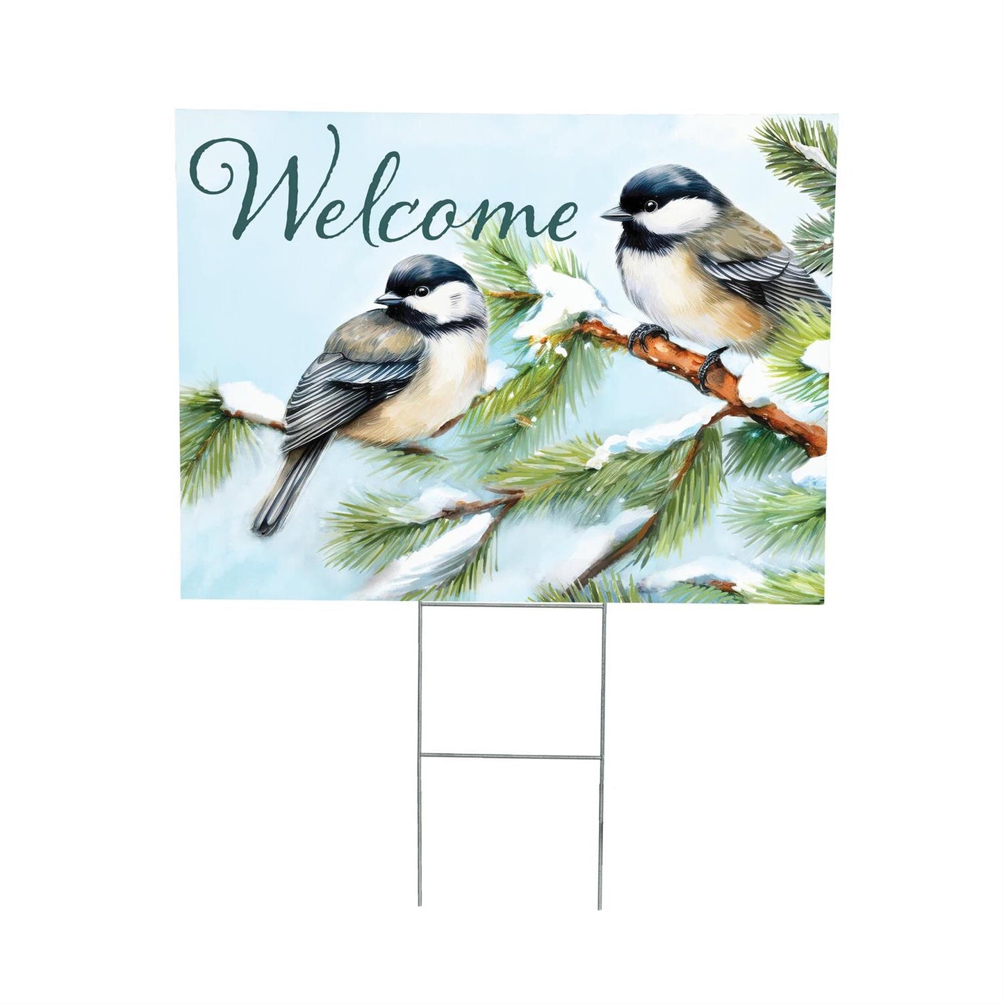 Decorative sign with two birds on a branch and the word 'Welcome' against a light blue background.