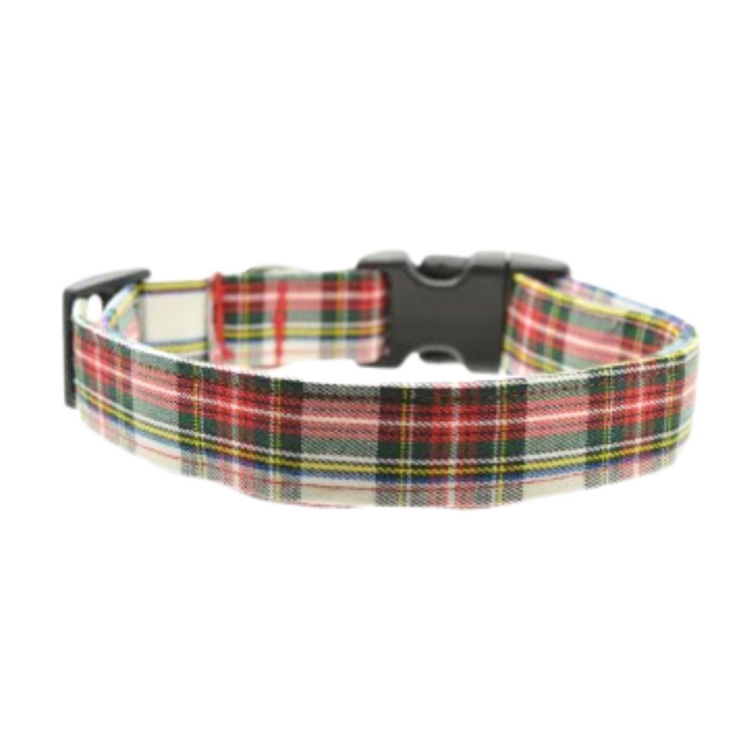 Plaid dog collar with a black buckle on a white background - White Tartan Dog Collar