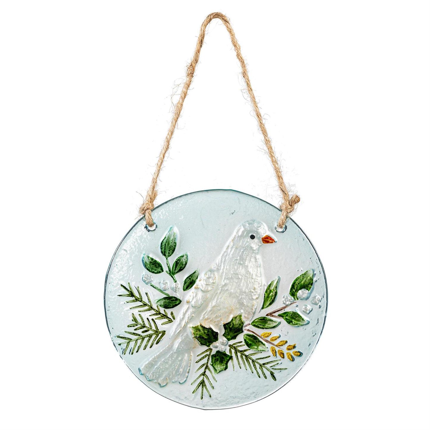 Decorative glass plate with a dove and leaves design, hanging on a white background.