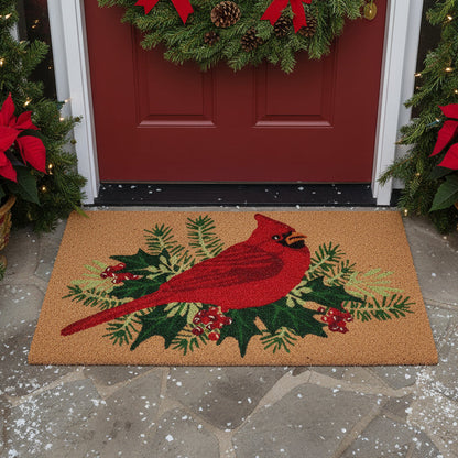 Doormat with a red cardinal and holly design on a beige background