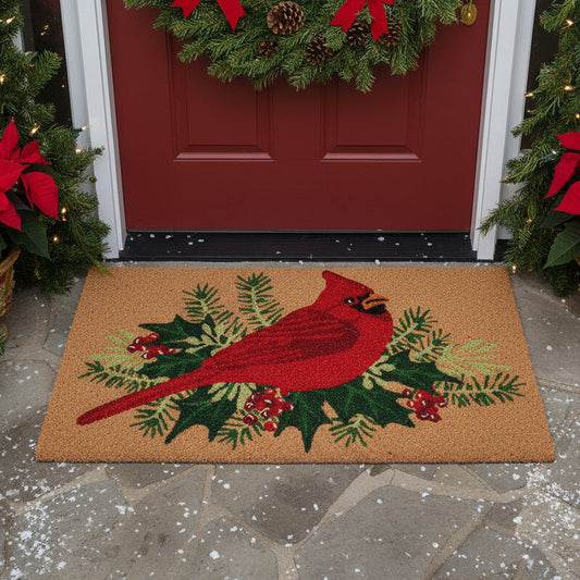 Doormat with a red cardinal and holly design on a beige background