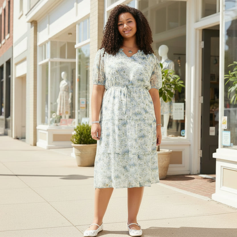 Woman wearing a floral dress standing on a sidewalk in front of a boutique
