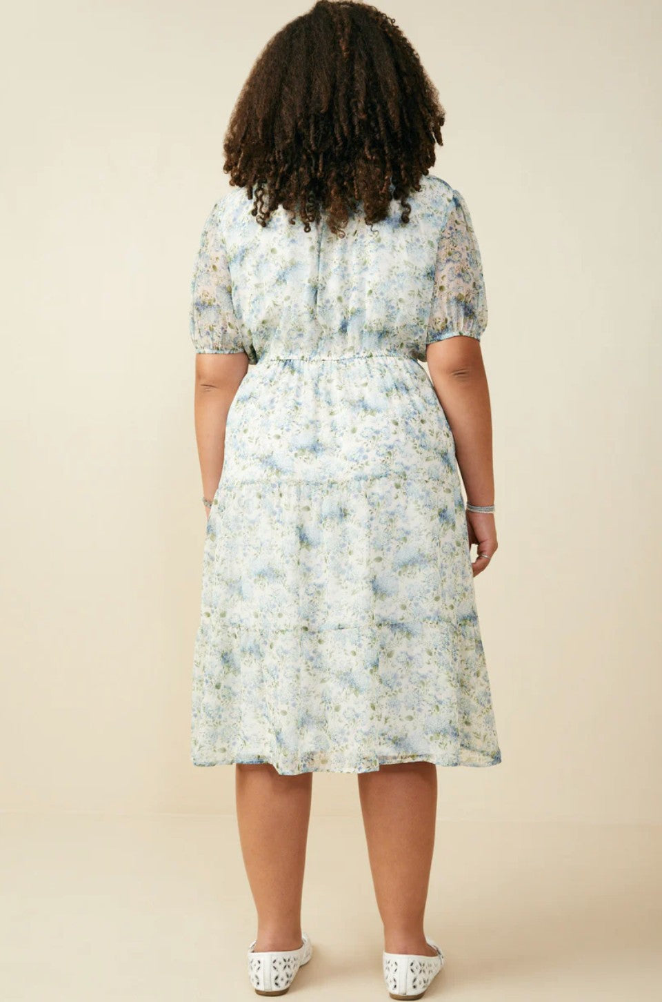 Blue Ditsy Floral Ruffle V-Neck Collared Dress