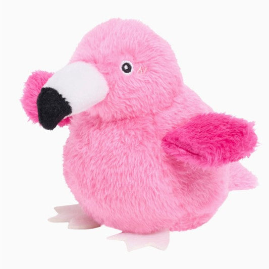 Pink plush flamingo dog toy on a white background