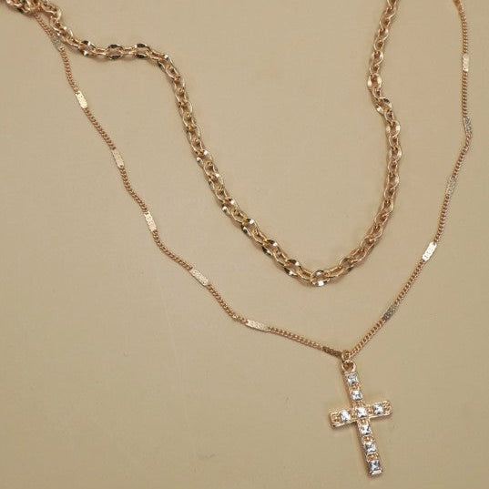 Layered Rhinestone Cross Necklace