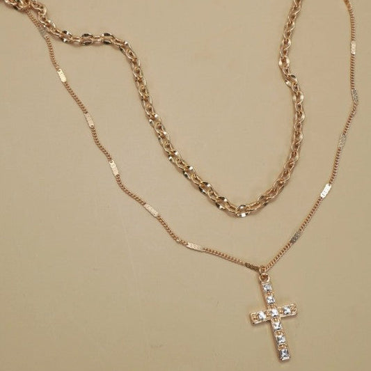 Layered Rhinestone Cross Necklace