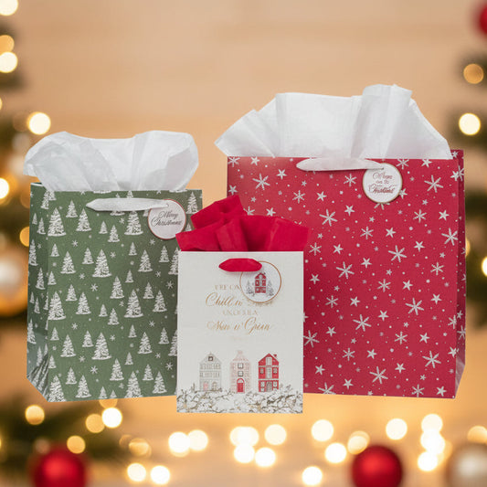 Three gift bags with different patterns on a white background