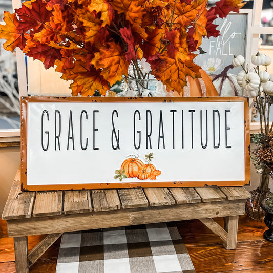 Grace and Gratitude Metal Sign with Pumpkin