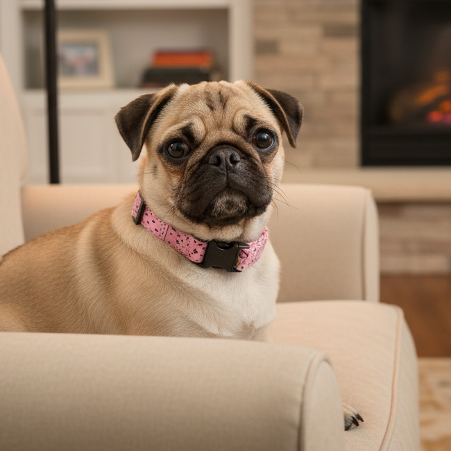 Pink bandana dog collar with black buckle on a pug sitting in an armchair in a family room