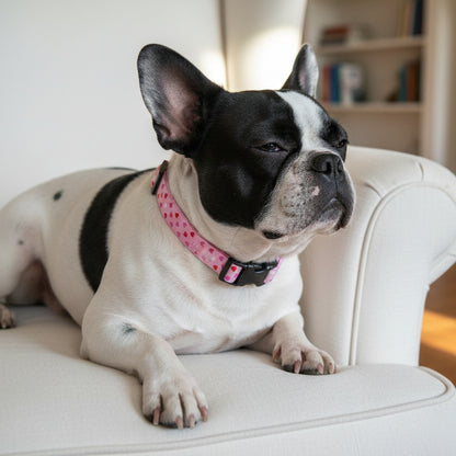 A pink pet collar with a hearts pattern and a buckle on a black and white french bulldog sitting on an armchair