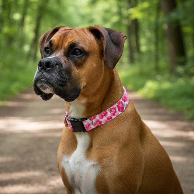 dog on a trail wearing a collar featuring pink flowers on a white background - Poppies Dog Collar