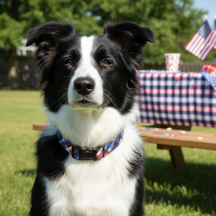 red white and blue plaid dog collar on a border collie sitting in a yard on 4th of july