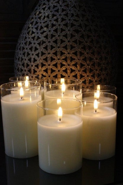 Radiance - Simply Ivory Clear Faceted Glass Pillar Candle - Poured Wax -  Realistic LED Flame Effect - Indoor - Unscented