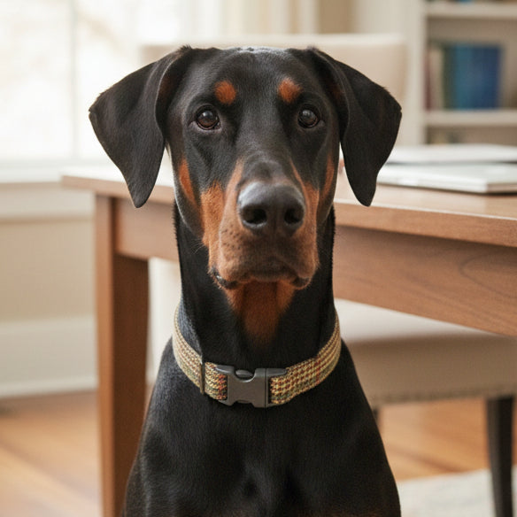 Tweed dog collar on a Doberman Pinscher sitting by a table in a home